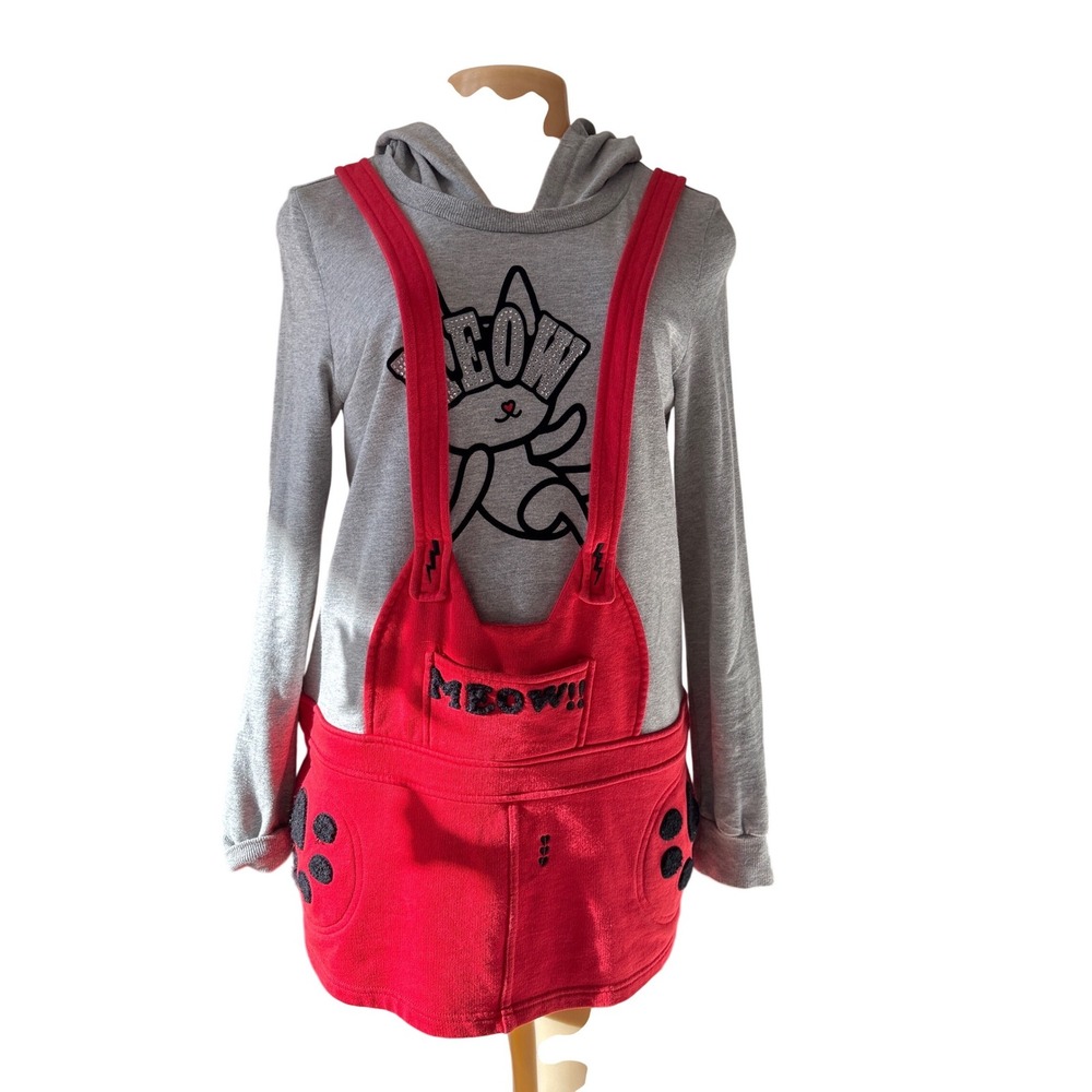 Azona Hoodie Dress w/ Suspenders | Gray‎ & Red Novelty Sweatshirt Dress